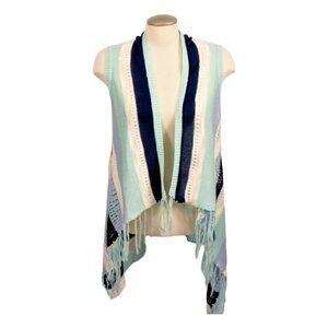 Open Front Sweater Vest Womens M Blue Boho Hippy Crochet Fringe Tassel Hi Lo Hem